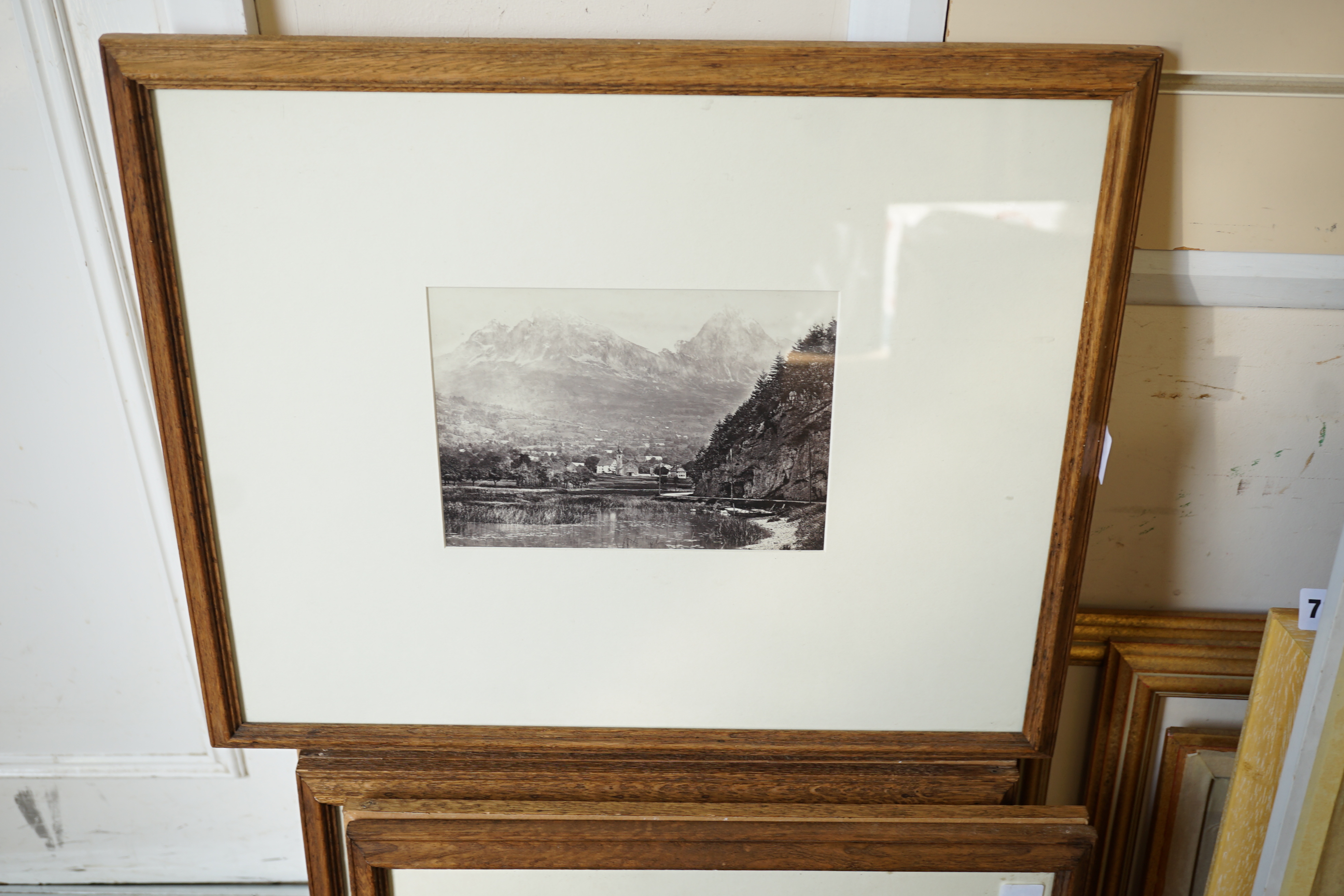 Frances Frith (1822-1898), nine black and white photographs, Lake Lowentz with the Mythen Peaks, 1867; Glaceier des Bois, Chamonix, 1867; The Jungfrau from the path to Murren, 1867; St. Moritz, Engadine, 1867, Castle of